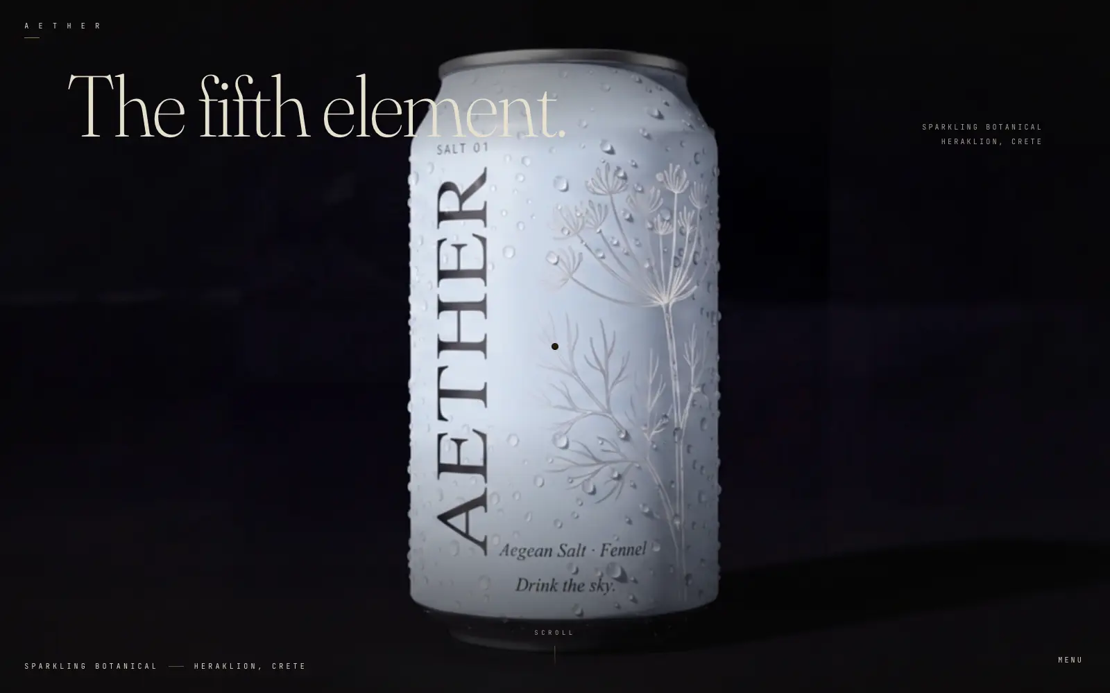 The Aether opening: the headline The fifth element. next to a chilled aluminium can covered in droplets