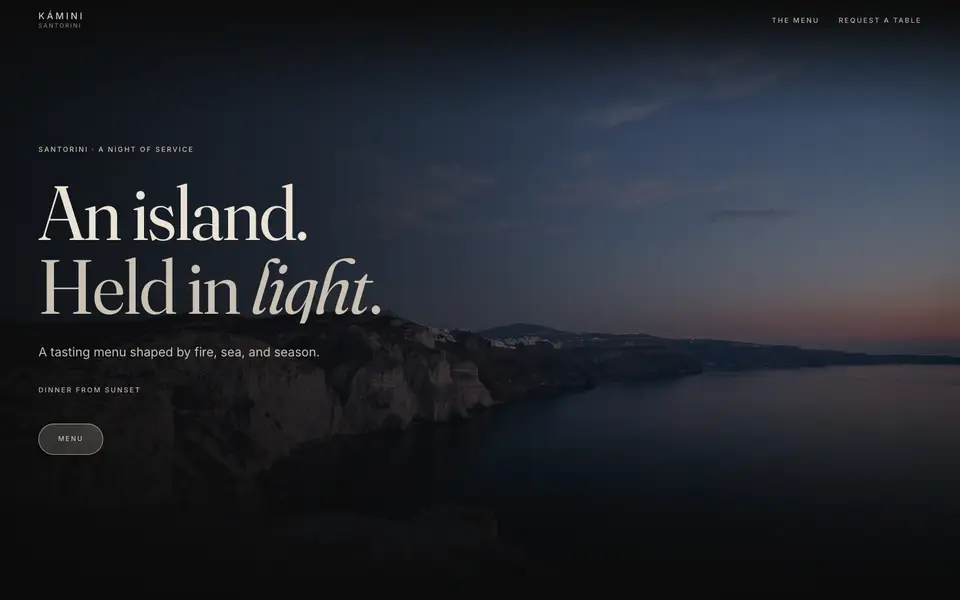 Arrival at Kámini: the headline An island. Held in light. above the Santorini caldera at dusk