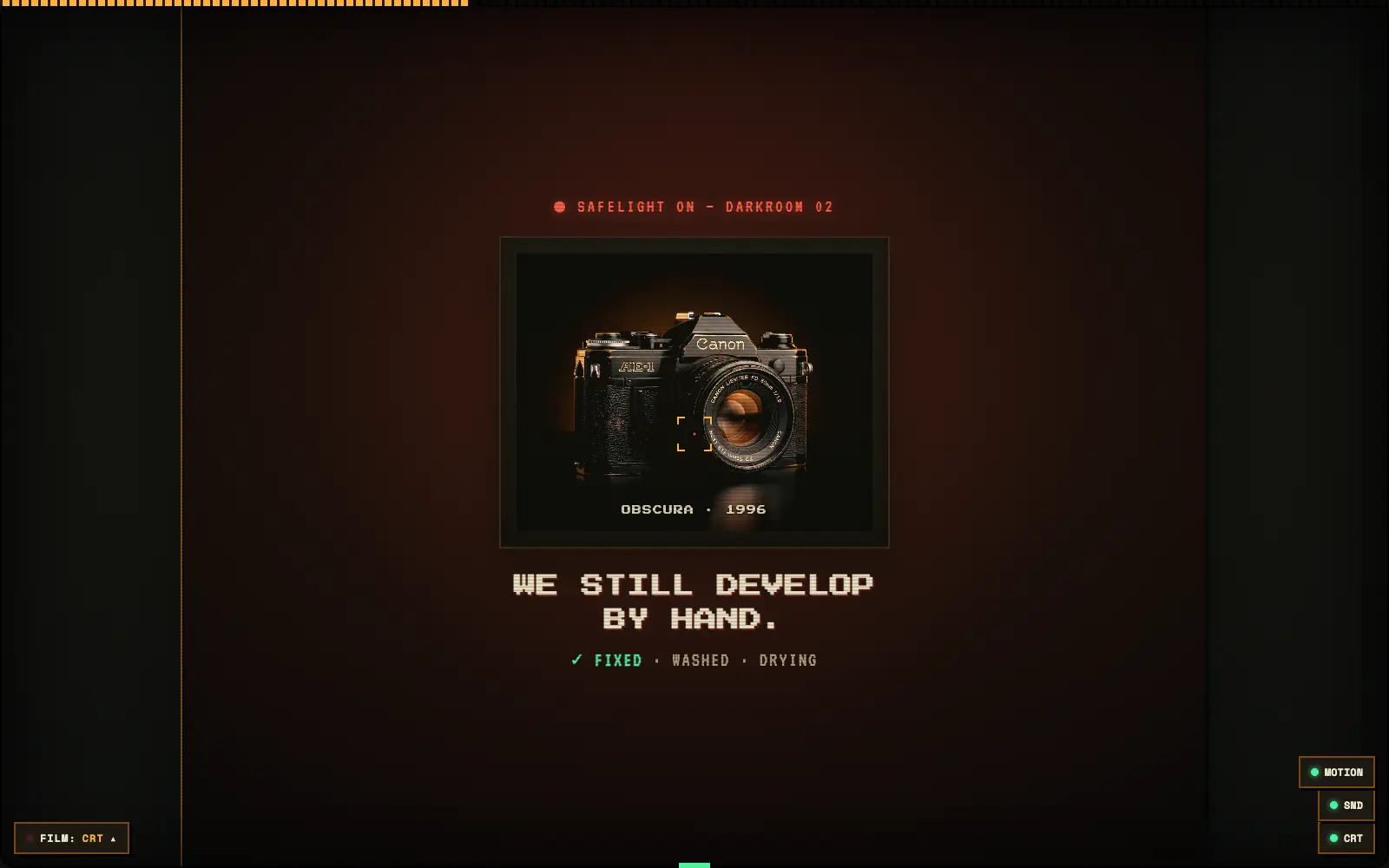 The Obscura darkroom: a photograph of a Canon AE-1 developed onto paper under red safelight, with a FIXED caption beneath it