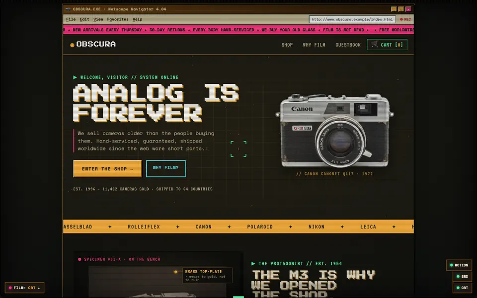 The Obscura opening screen: an ANALOG IS FOREVER headline in pixel type next to a film camera, framed by Netscape-era chrome
