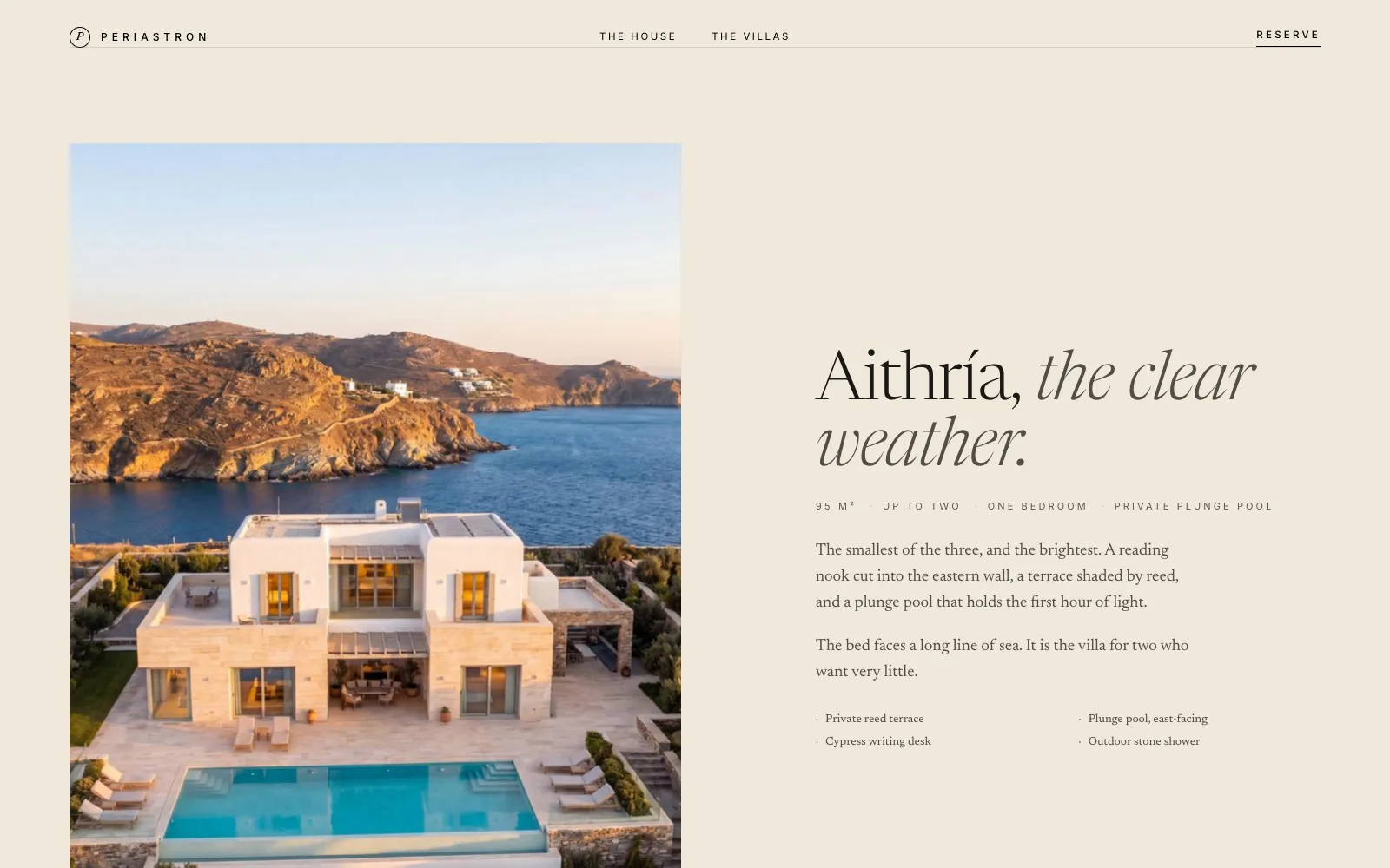 The Aithría villa presentation on Periastron: a photo of the villa and pool on the left, title and amenities on the right