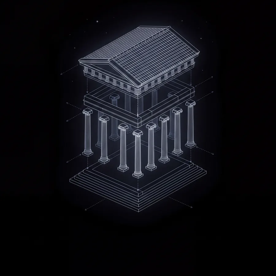 Wireframe sketch of a Greek temple in exploded isometric view