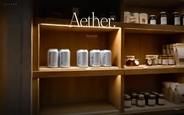 Screenshot from Aether: cans of the drink on a wooden shop shelf