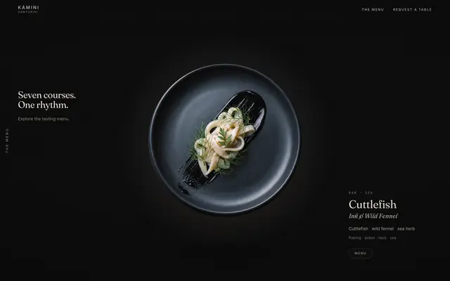 Screenshot from Kámini: the menu dial with a cuttlefish course at its centre