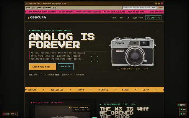 Screenshot from Obscura: an ANALOG IS FOREVER headline in pixel type inside Netscape-era chrome