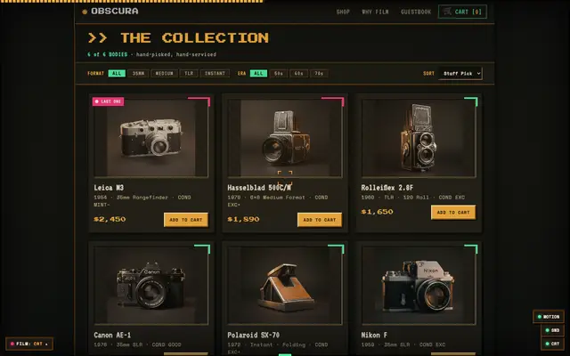 Screenshot from Obscura: the camera catalogue with filters and prices