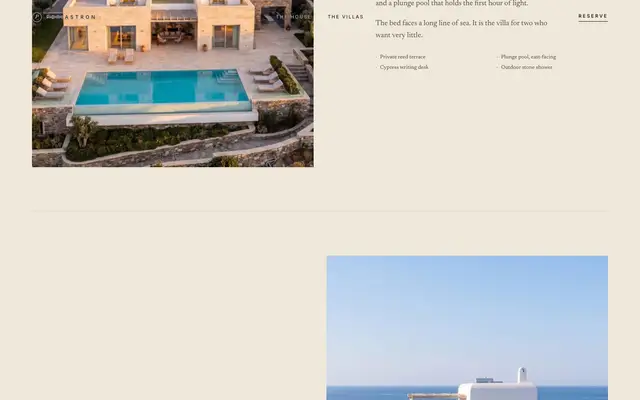 Screenshot from Periastron: a villa with a pool beside its amenities list